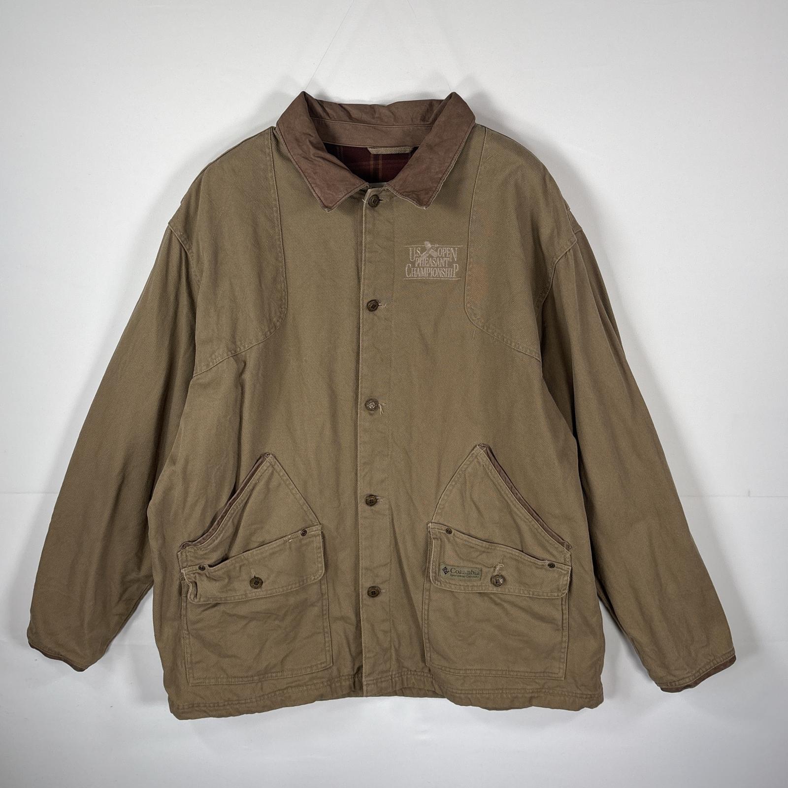 古着 ダック ハンティングジャケット 襟レザー 刺繍 裏地チェク柄　ビッグサイズ XL ブラウン メンズ