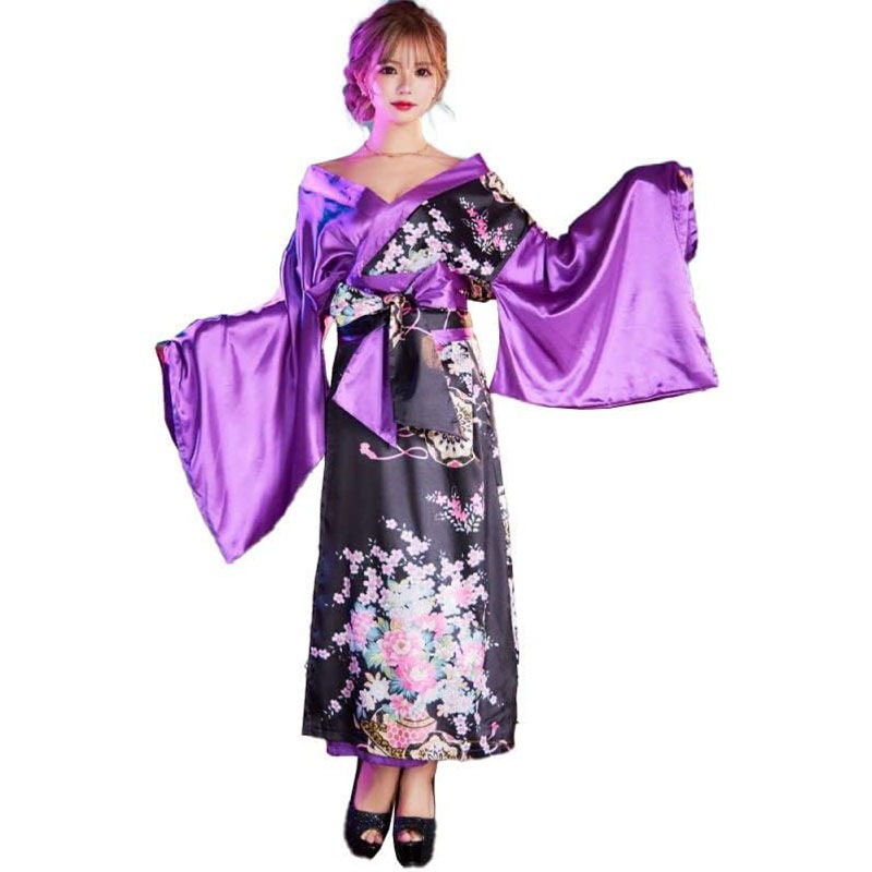 サテン和柄花魁　ロング着物ドレス 和柄 よさこい 花魁 コスプレ キャバドレス [1175]