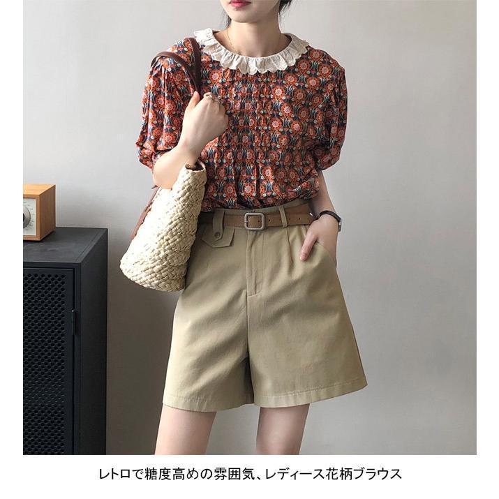 花柄ブラウス レディース 半袖 ブラウス レース衿 プリーツブラウス パフスリーブ 半袖ブラウス 花柄 トップス 夏 レースフリル