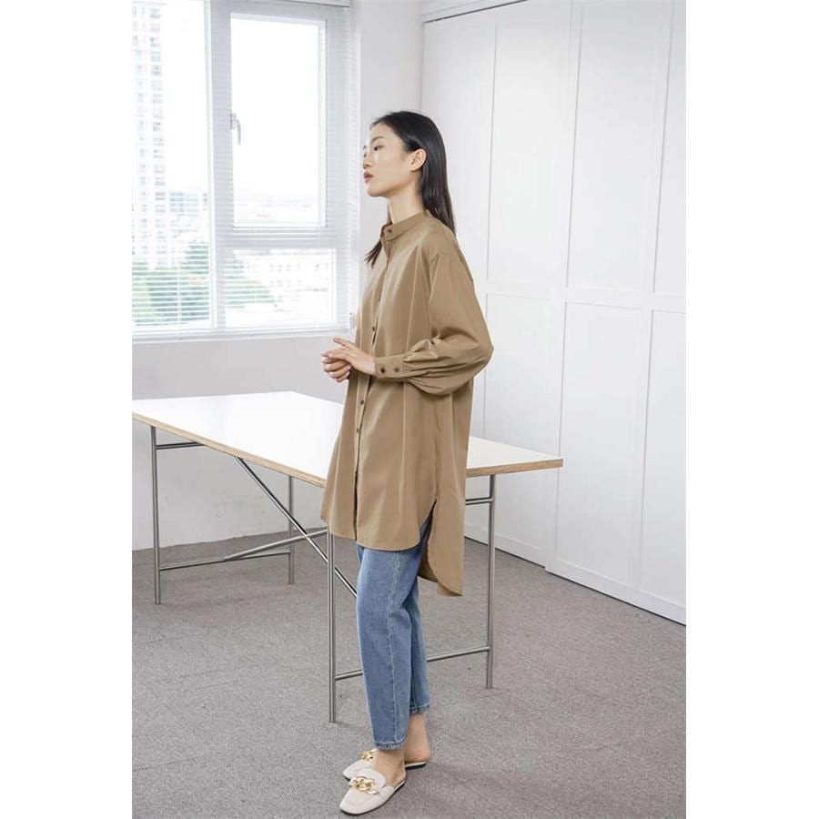 チュニック シャツ ブラウン 長袖 ロング丈 シャツ 大きいサイズ バンドカラー シャツワンピース チュニックワンピース レディース 夏 秋 春 無地 長袖 ゆった