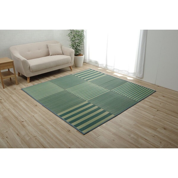 1071390045016 ラグ い草 撥水 滑り止め 不織布 格子柄 シンプル カジュアル 抗菌防臭 ブルー 約190×300cm メーカー直送