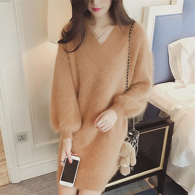4カラー ふわふわ モコモコ 可愛い Vネック ニット ワンピース お出かけ デート 女子会 に 着回し プチプラ 大人きれい 大人可愛い 大人カジュアル ママコーデ マタニティ 韓国ファッション シ