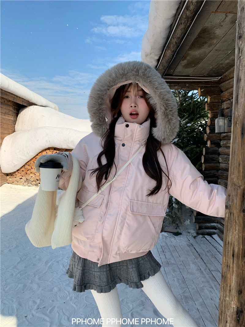 甘いピンク パーカー ゆったり 大フリンジ フード付き ダウンジャケット アウター 冬用 保温 合わせやすい ダウンコート レディース