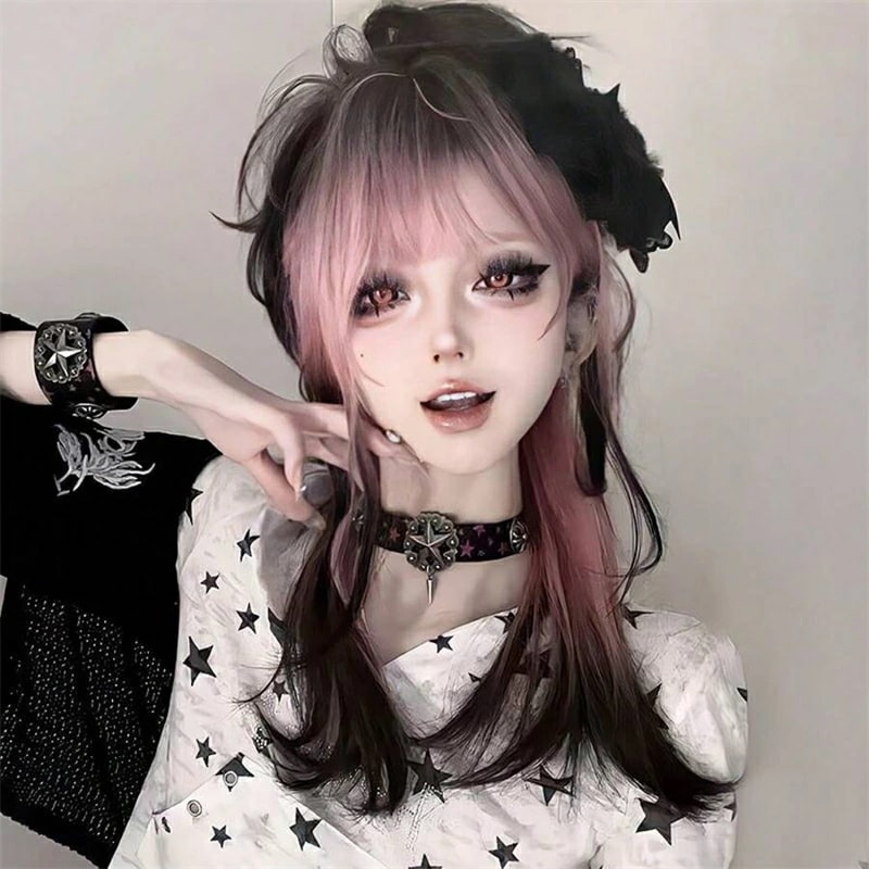 ハロウィンウィッグ女長ストレートヘアグラデーションブラックピンクサブカルチャー風ファッションcosフルヘッドセット式フルトップウィッグ