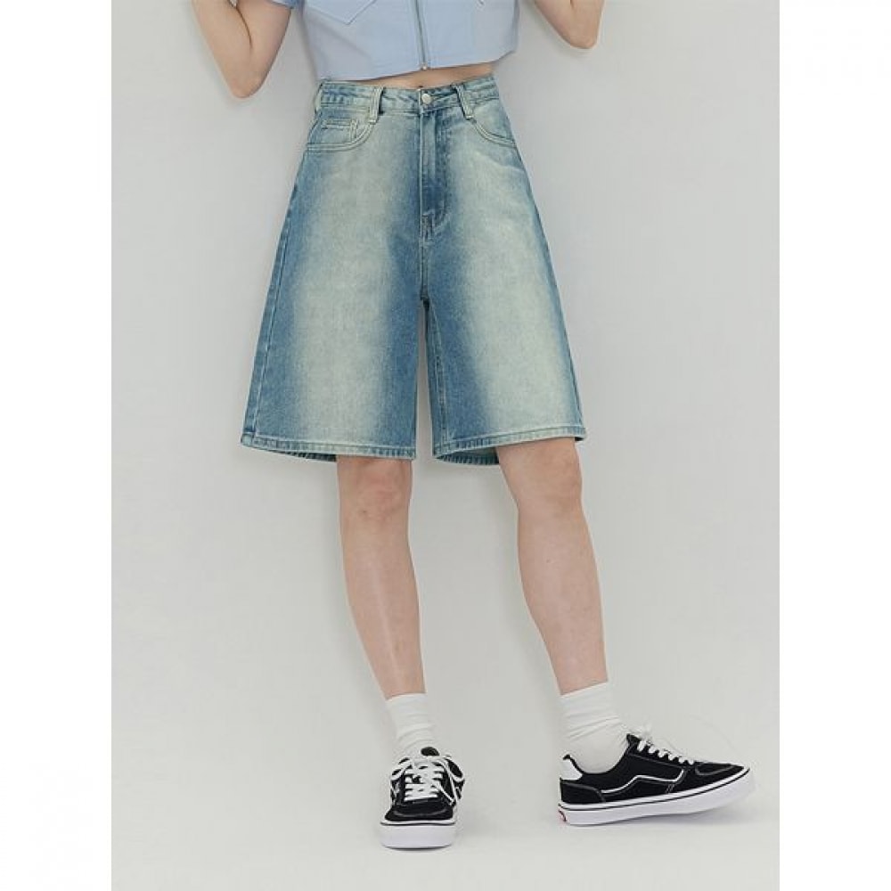 [ジンマニア] レディースAラインビッグウォッシュライトブルーパート5ワイドデニムショーツパンツ