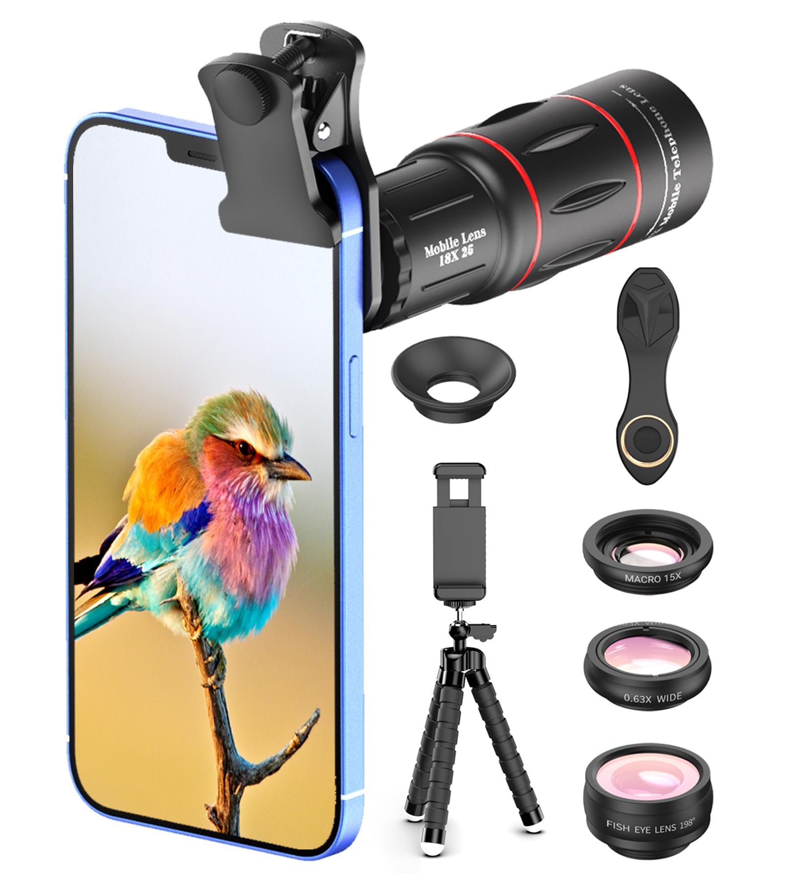 Apexel 望遠レンズ 単眼鏡 18X望遠レンズ/魚眼レンズ/広角レンズ/マクロレンズ 4in1スマホレンズセット HD レンズ くねくね三脚 スマートフォン用 クリップレンズ 野球観戦/ライブ/コ