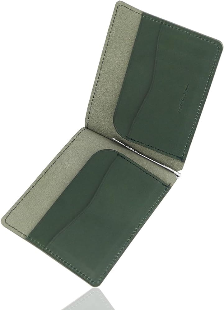 マネークリップ 栃木レザー 本革 札ばさみ ２つ折り 薄い 財布 メンズ レディース マネークリップ付きカードケース 2か所 おしゃれ hik0004( グリーン, Free)