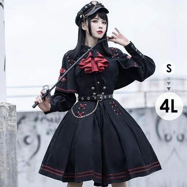 ミニロリ 軍服ロリータ フルセット ブラウス スカート 上下フルセット ミリタリーロリィタ ブラック 黒 膝丈 レディース ロリータアウター