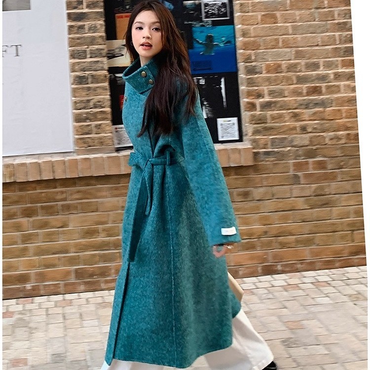 ウール ロングコート ブルー 上品 クラシック ポンチョ 冬 両面ニットジャケット 両面カシミアコート