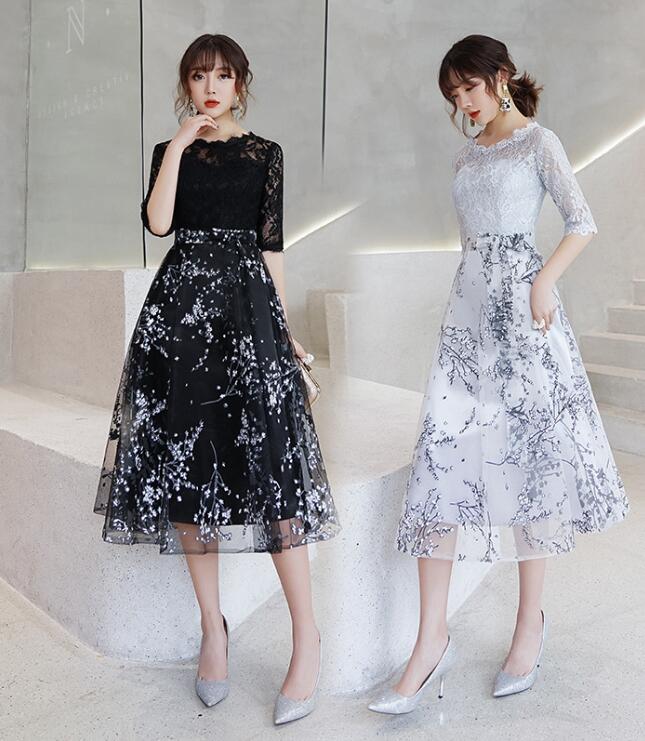 イブニングドレス グレー 花柄 刺繍 パーティードレス 結婚式 ワンピース カクテルドレス レディース ミモレ丈 ドレス 二次会 花嫁 ブライズメイド ワンピース 入学式 演奏会用ドレス 同窓会 二次