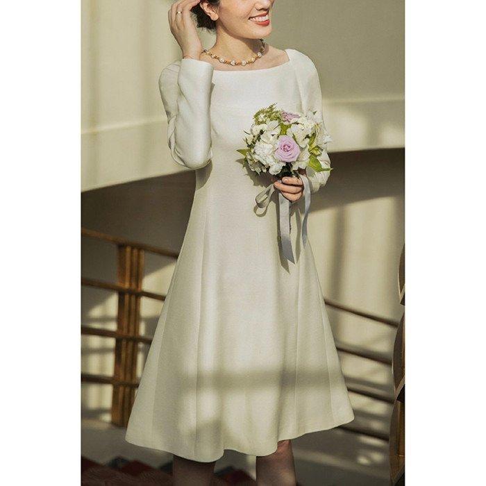 韓国ファッション結婚式 花嫁 ドレス ミモレ丈 演奏会 発表会 長袖 おしゃれ ワンピース 結婚式 ウェディグドレス お呼びばれ カジュアル 二次会 前撮り パーティドレス