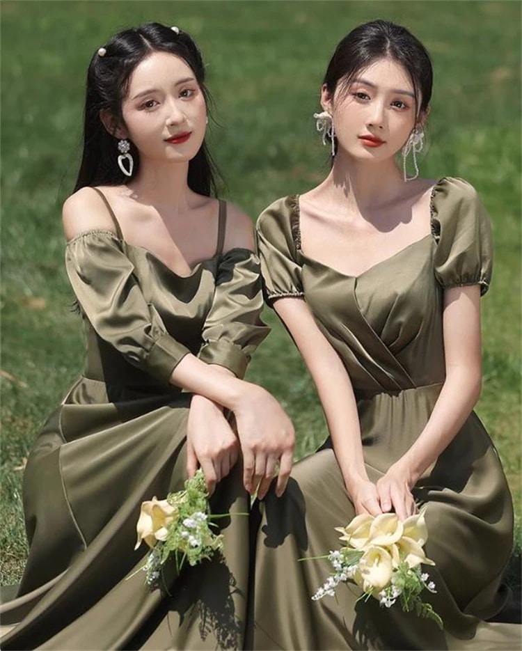 INSスタイル ロングスカート サテン オフショルダー ブライズメイド服 ワンピース 春夏 ミディアムスカート エレガント スリム 姉妹団 ブライズメイドドレス パーティードレス