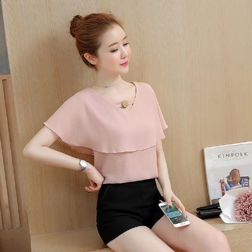 2198.シフォン フリル トップス(ピンクベージュ)