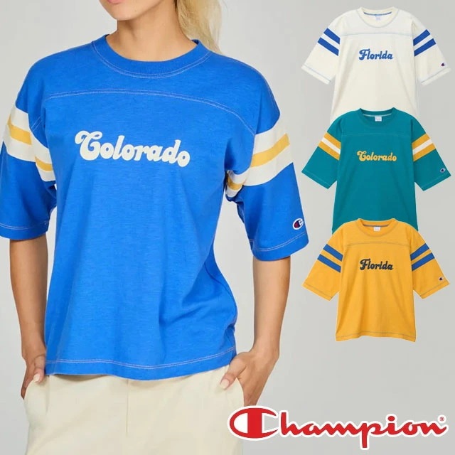 チャンピオン Tシャツ レディース CW-B317 ショートスリーブフットボールTシャツ 半袖 ロゴ ティーシャツ プリント トップス アパレル ライン ステッチ ウェア カジュアル スポーティ 服