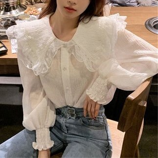 ビックカラーレースブラウス レディース トップス ブラウス 白シャツ 袖あり 長袖 ボリューム袖 キャンディスリーブ 襟付き 丸襟 レース 前開き 薄手 かわいい 大人可愛い シンプル カジュアル 大