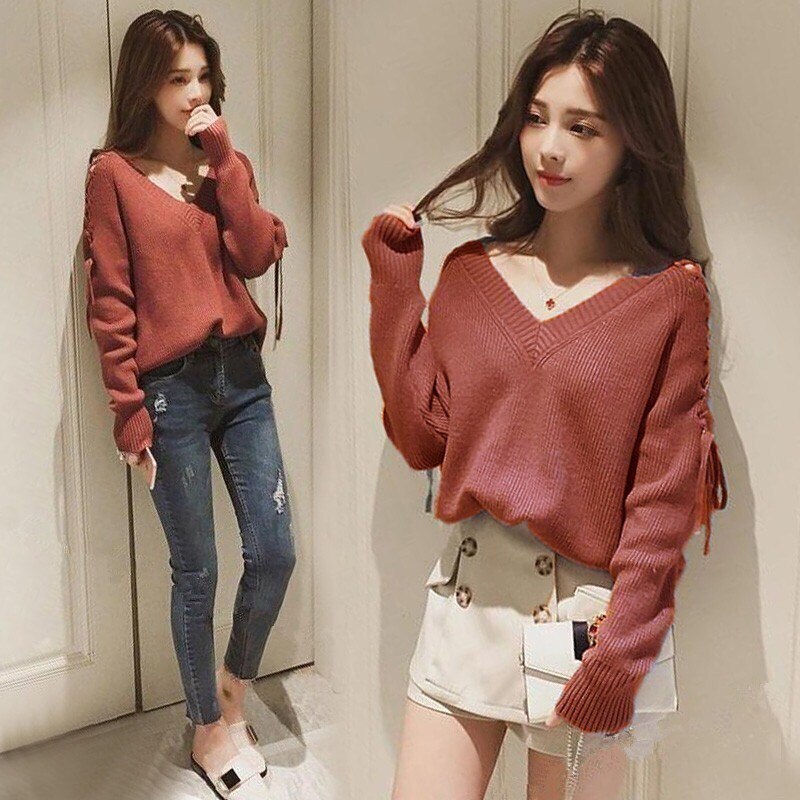 4色 トップス ニット セーター レディース 秋冬 かわいい ゆったり 長袖 ミディアム丈 ドロップショルダー 萌袖 Vネック オフショルダー オフショル 襟なし ルーズ 編み込み ブラック レッド