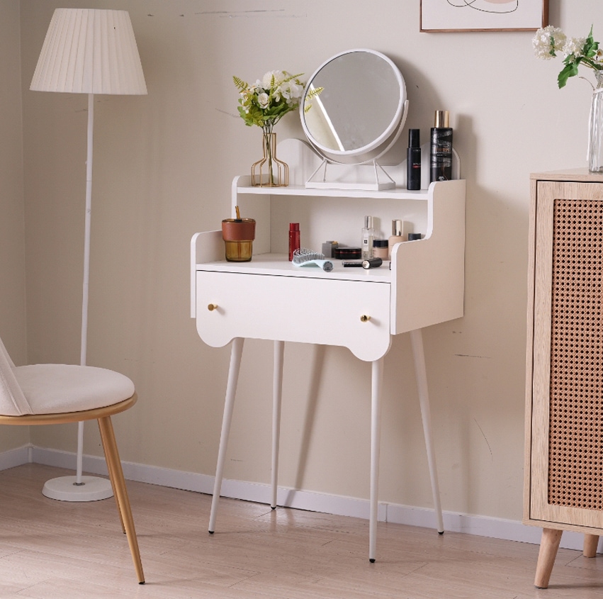 新生活応援 ドレッサー コンパクト 化粧台 メイク台 一面鏡 360回転鏡 座デスク ミシン台 コスメ台 鏡台 おしゃれ 大量収納 化粧品収納 左右引き出し 一人暮らし ドレッサーのみ 椅子なし
