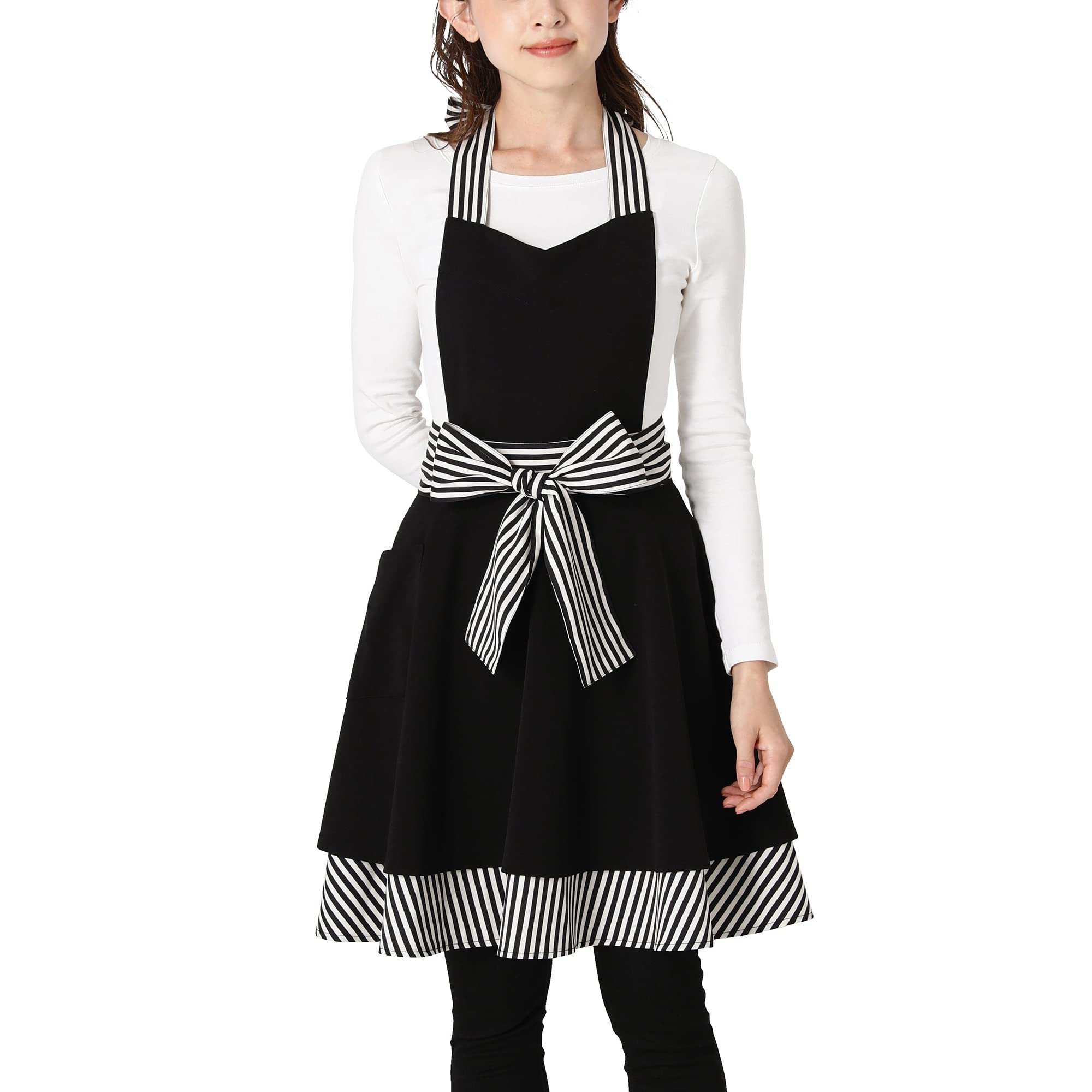 [Francfranc] フランフラン ストライプリボン フルエプロン ブラック ポケット 付き ギフト