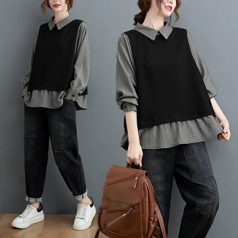 可愛いフェイクレイヤード シャツニットカーディガン春夏大きいサイズ長袖上着切り替えメリヤス