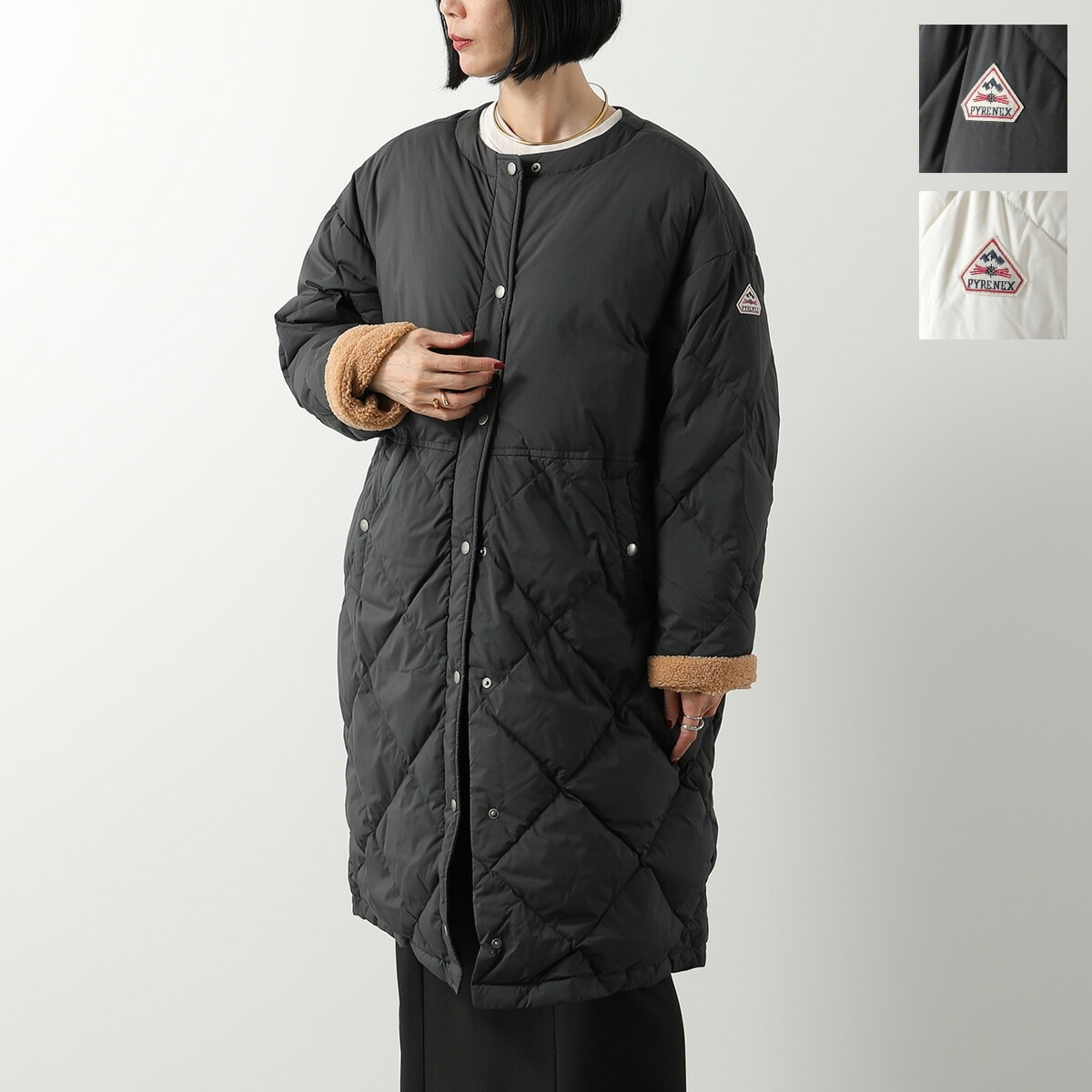 PYRENEX ピレネックス ダウンコート BLOSSOM HWY010 ブロッサム レディース ノーカラー ボア マキシロング丈 ロゴパッチ キルティング カラー2色