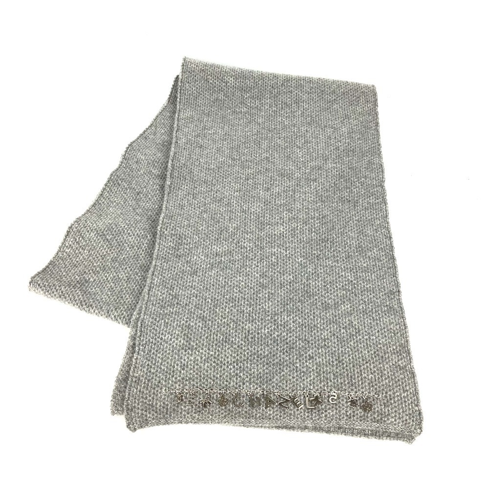 マフラー アイコン ロゴ チェーン 付き カシミヤ グレー