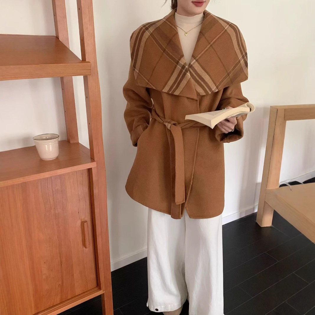 ネットセレブのホットスタイル2025新作ダブルフェイスウールコート韓国風ゆったりカジュアル大襟チェック柄ウールコート
