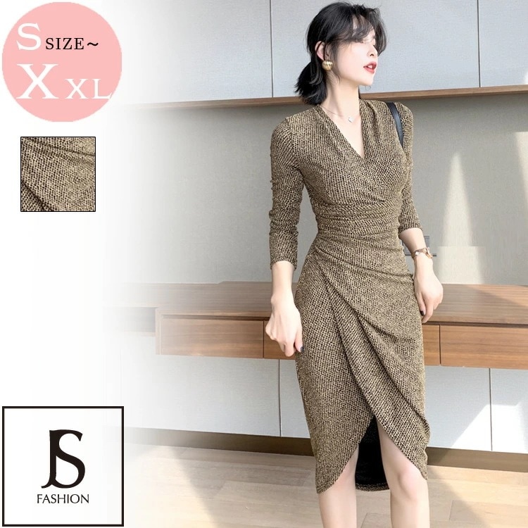 【短納期】ニットワンピース タイトワンピース ラメニット カシュクール ワンピース オフィスカジュアル ミディアム丈 アシンメトリー スレンダー タイト 長袖 袖あり 春 秋 冬 きれいめ 華やかおし 5,442円