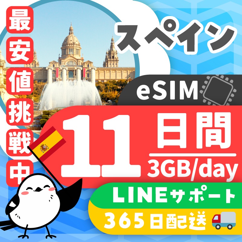 【スペインeSIM】簡単設定/使用日数:11日間/データ容量:3GB(day)/有効期限90日/最短即日発行/パスポート番号不要/データ通信専用