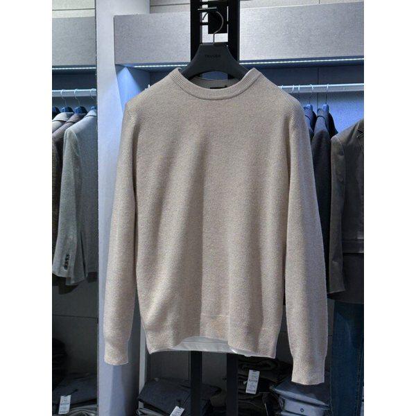 プレミアム メリノウール100 ワッフル組織 ベージュ ラウンドネック メンズ ニット セーター