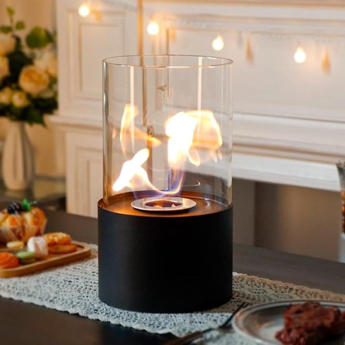 バイオエタノール暖炉 - ポータブルファイヤピット 高さ 29cm クリーン燃焼 メタル＆耐熱ガラス 室内室外 誕生日 お引越し 新築祝い 贈り物（ブラック）