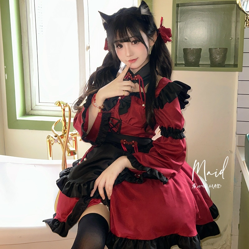 解説ダークレッド小悪魔メイド服チャイナガールヘアバッグロリータドレス