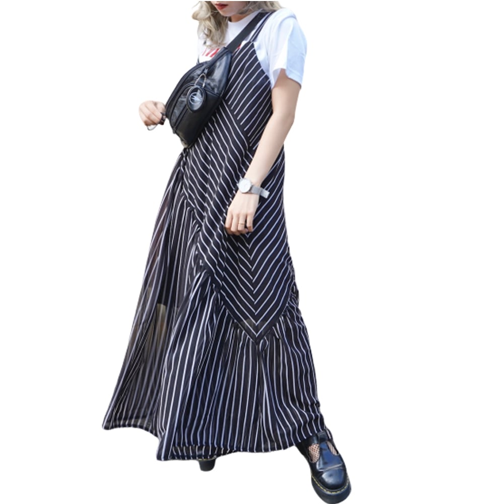 Stripes Wide Sheer Salopette Pants（black） A,D,G レディース