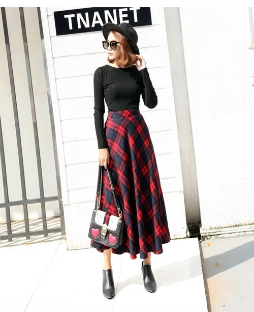 3404.ハイウェストチエック柄スカート（レッド）2019 春夏 sale ボトムス 美ライン おしゃれ きれいめ カジュアル お出かけ お呼ばれ 女子会 通勤 通学 普段使い
