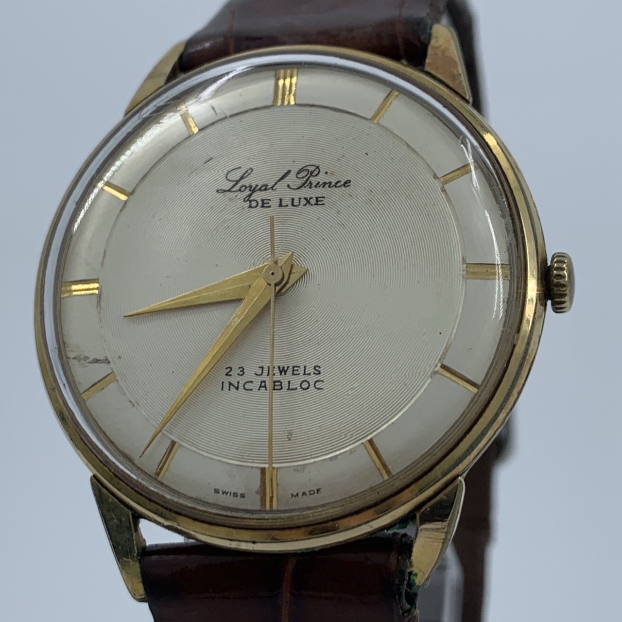 稼働品 De Luxe デラックス INCABLOC インカブロック 手巻き 23石 Jewels ゴールド文字盤 シルバー ステンレススチール メンズ腕時計 防水表記無し 3針