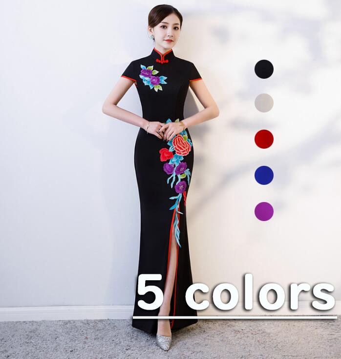 チャイナドレス ロング スリット入りドレス マキシ丈 タイトドレス 刺繍付き エレガント ショート袖 チャイナドレス コスチューム マーメイド ロングドレス 忘年会 謝恩会 演奏会 コスプレ 大きいサ