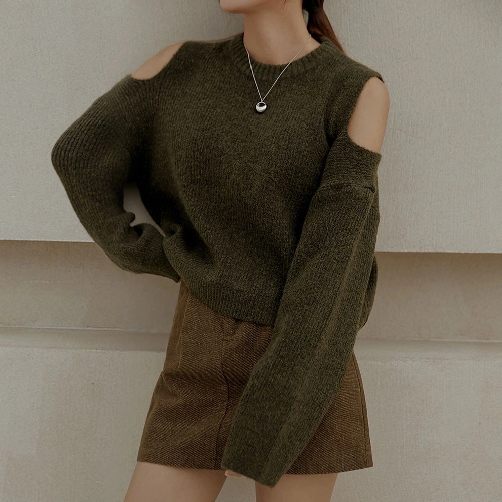 オープンショルダールーズニットトップス