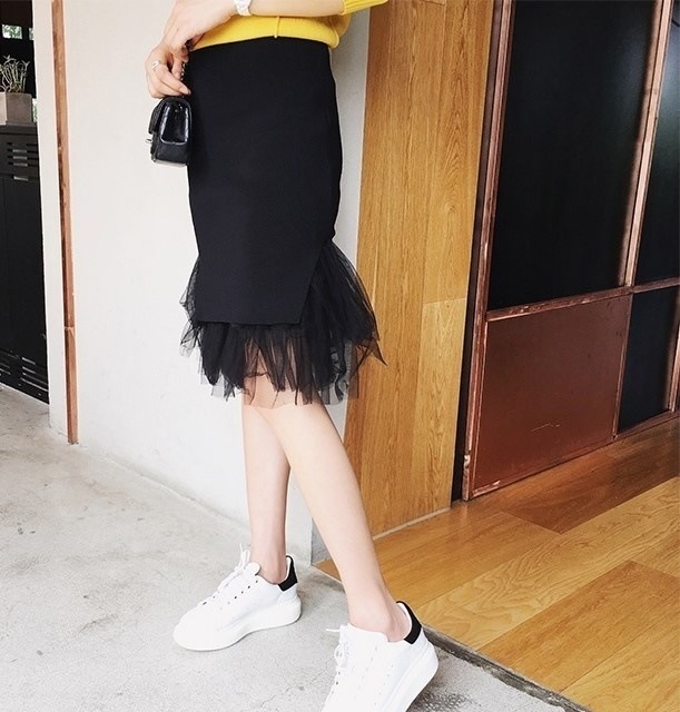 3382.チュールニットIラインスカート（ブラック）2019 春夏 sale ボトムス 美ライン おしゃれ きれいめ カジュアル タイトスカート ストリート ミディアム エレガント お出かけ お呼ばれ