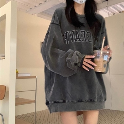 トップス デート プルオーバー トレーナー 袖あり 長袖 春 秋 10代 20代 30代 レディース グレー M L XL 2XL 個性的 レトロ こなれ感 エレガント クール モード系