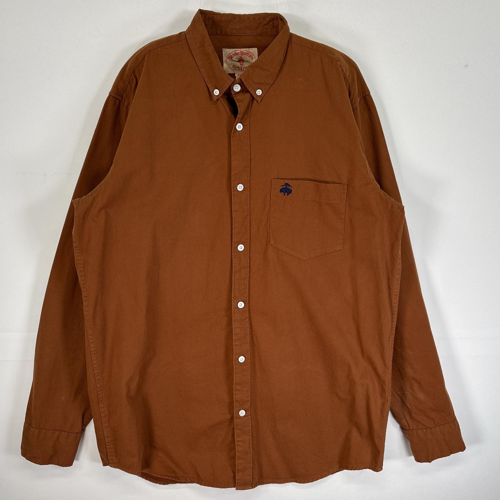 古着 長袖シャツ ロゴ 刺繍 ボタンダウン 胸ポケ XXL ブラウン 無地 メンズ