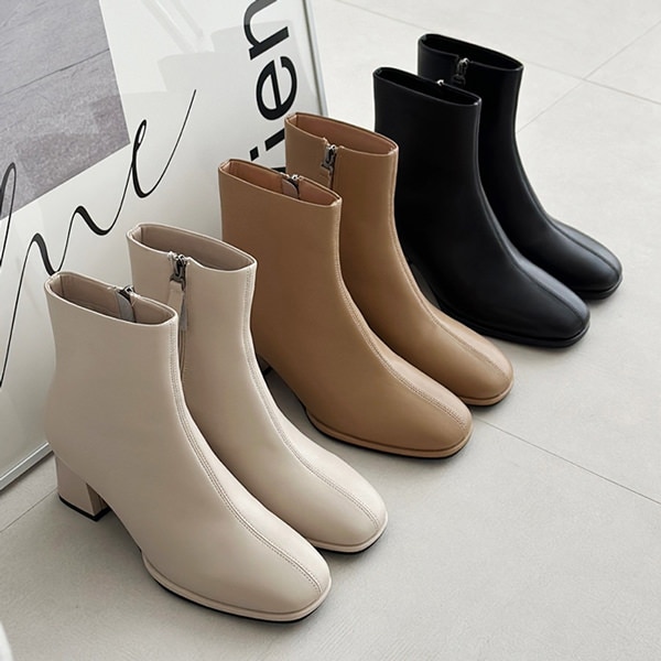 ショートブーツ 天然牛革 スクエアトゥ サイドジップ レディース ミドルヒール チャンキーヒール 太ヒール 黒 白 ブラック ベージュ ホワイト 靴 婦人靴 韓国