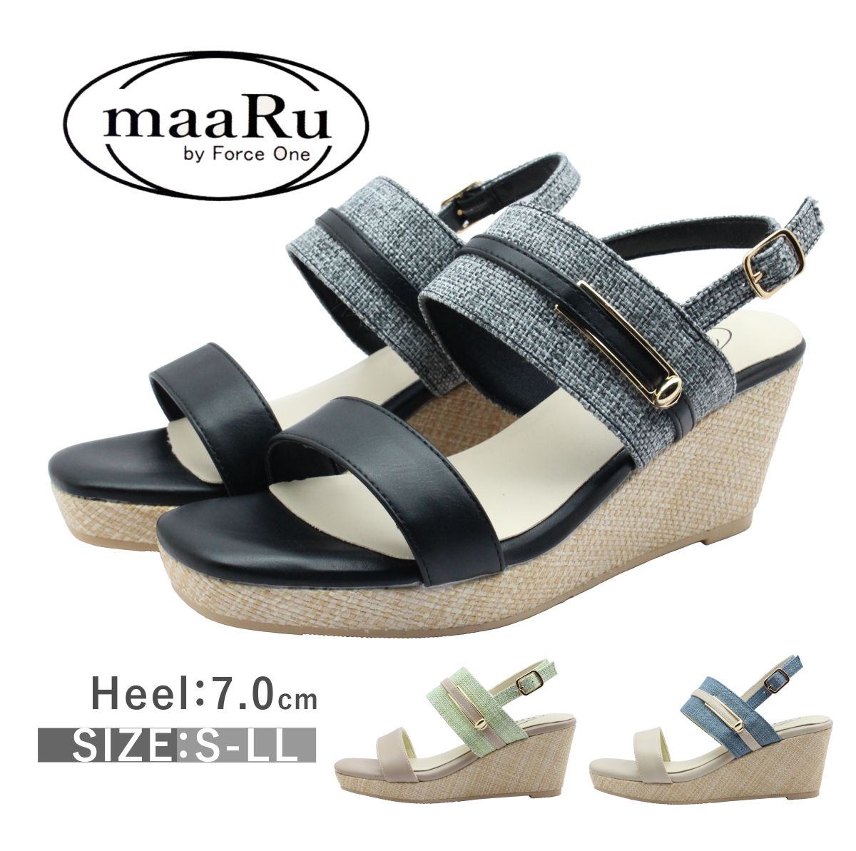 maaRu マアル レディース サンダル 4130 スクエアトゥ ストラップ ウエッジ 歩きやすい 厚底 靴 黒 白 ブラック オーク アイボリー
