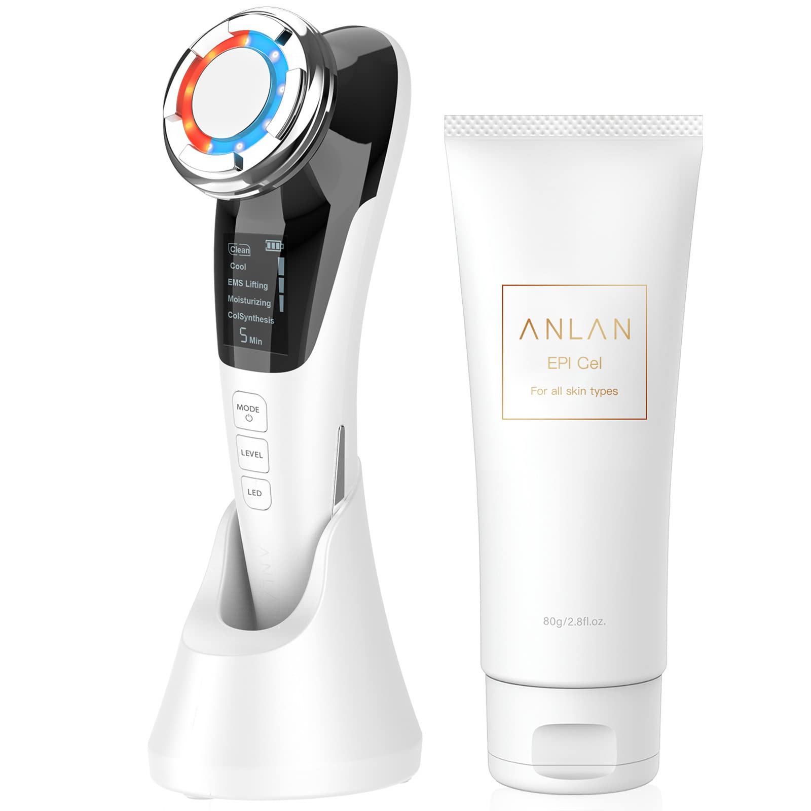 ANLAN 美顔器 ems 温冷ケア LED光 1台8役 温冷美顔器 イオン 毛穴 振動 美顔器ジェル 保湿 日本製 80g (ホワイト＋ジェル)