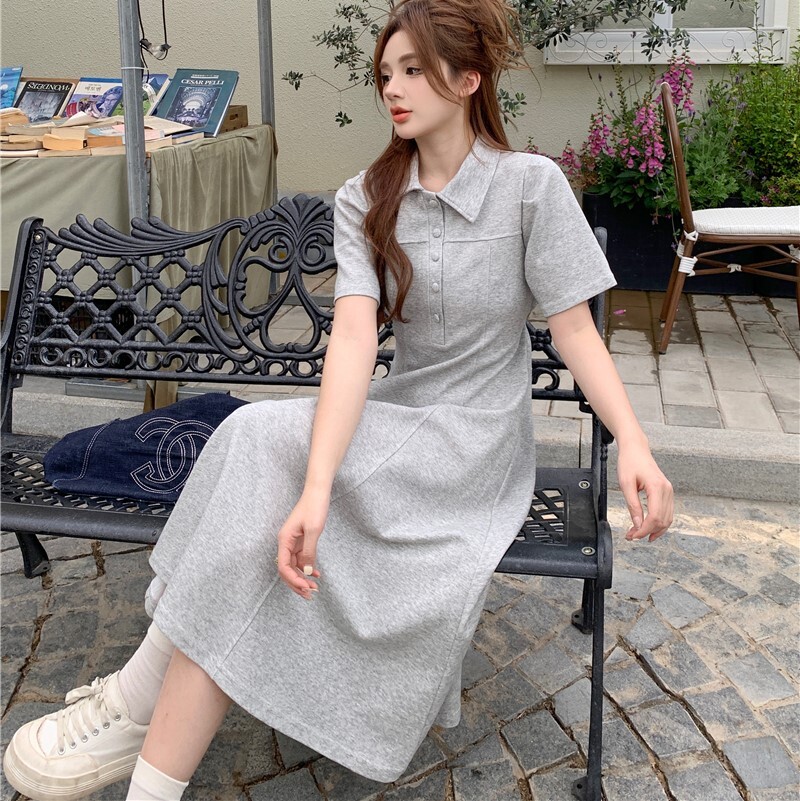 ワンピース プルオーバー フレアワンピース ミモレ丈 ロング丈 半袖 パフスリーブ 襟付き ポロカラー セミフレア Aライン ハイウエスト ポリエステル かわいい 大人可愛い シンプル カジュアル