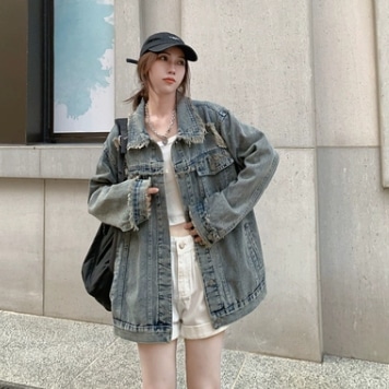 デニムジャケット オーバーサイズ 大きめ ダメージ アウター ジャケット Gジャン ミモレ丈 長袖 襟付き ストレート ワイド ポケット 前開き デニム 薄手 シンプル カジュアル 大人 おしゃれ