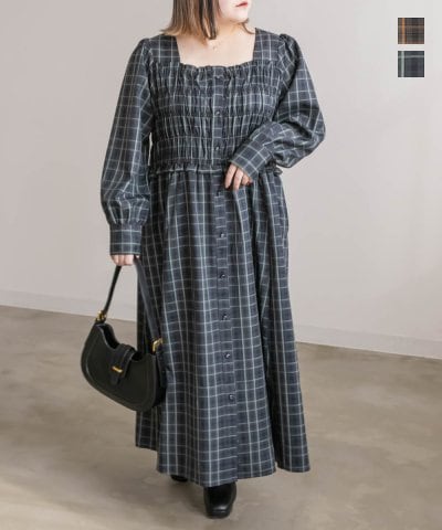 大きいサイズ レディース LL 3L 4L XL XXL XXXL CLETTEオリジナルスクエアネックシャーリングチェック柄ワンピース