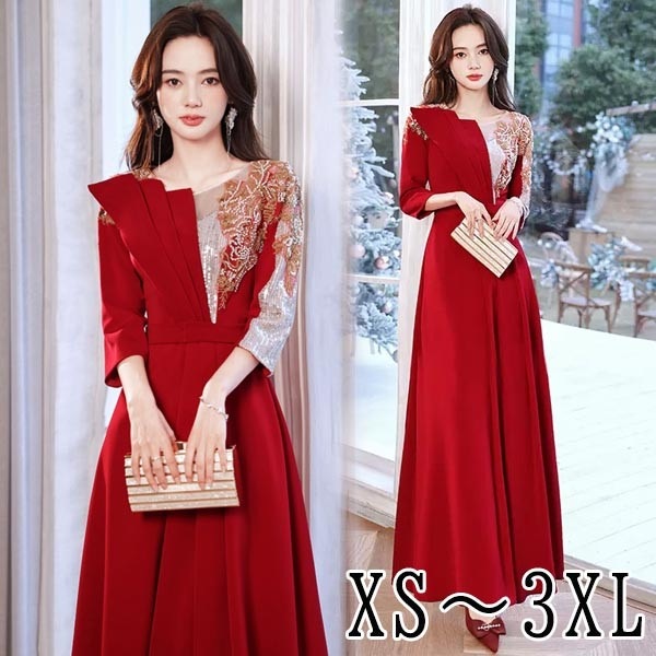 ドレス 大人 ピアノ 発表会 イブニングドレス ミセス パーティードレス ロングドレス ミモレ丈ドレス 演奏会 結婚式 成人式 Aライン レッド 大きいサイズ ワンピース 大人 上品 フォーマル ファ
