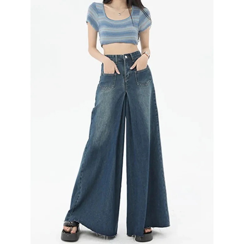 春先の風レトロワイドレッグフロアレングスジーンズ女性用ハイウエストカジュアルスリムルーズドレープパンツスカート
