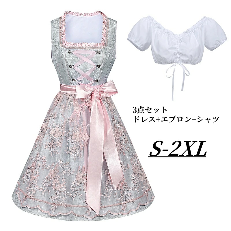 3点セット ドレス+エプロン+シャツ レディースドレス メイド 袖なし コスプレ衣装 リボン 編み上げ ドイツ オクトーバーフェスト ワンピ 女性 大人 舞台衣装 ステージ ハロウィン コスチューム