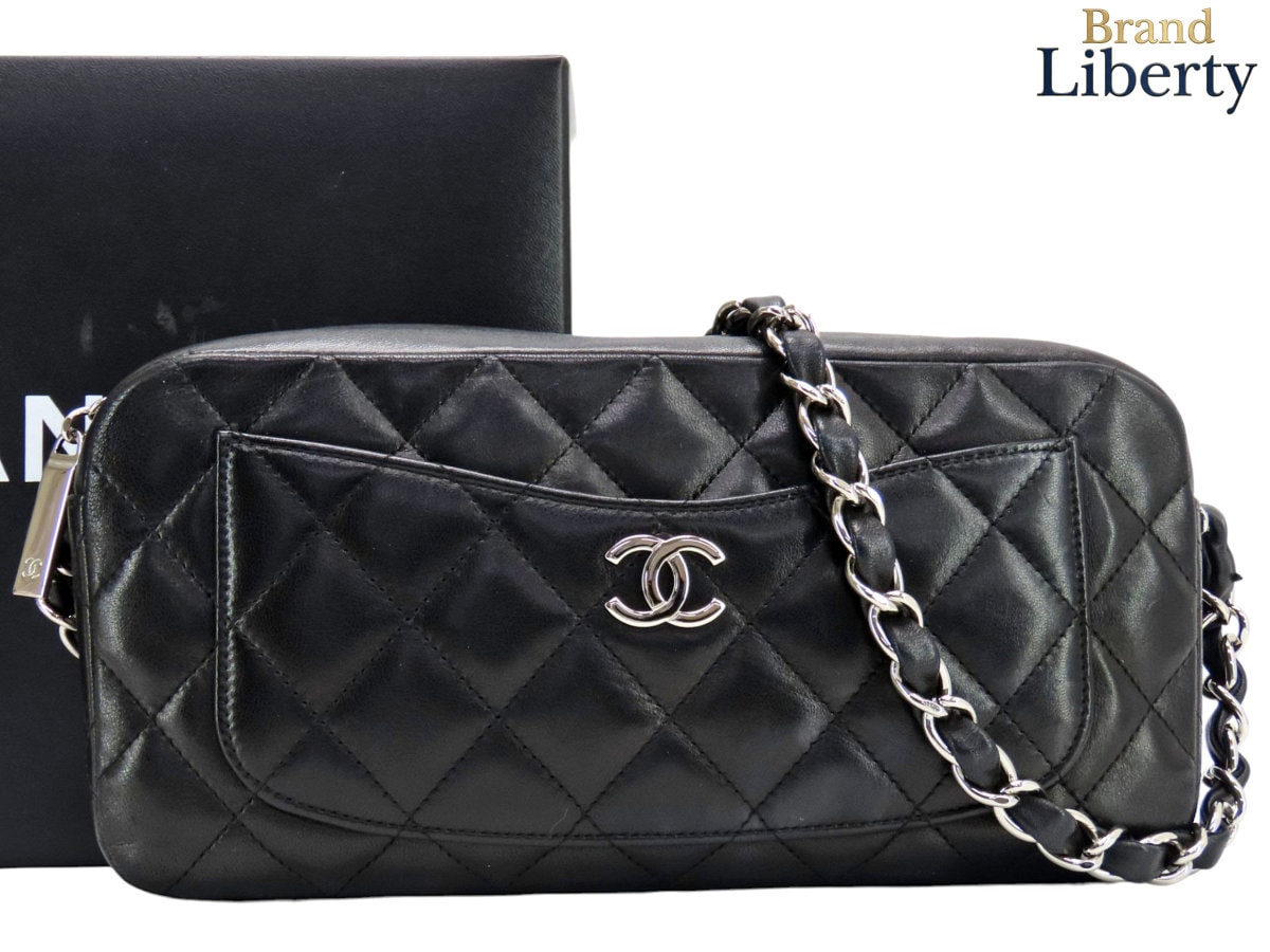 美品シャネルCHANELマトラッセココマークカメラバッグチェーンショルダーバッグワンショルダーバッグショルダーポーチポシェットブラックシルバー金具ラムスキンA29857