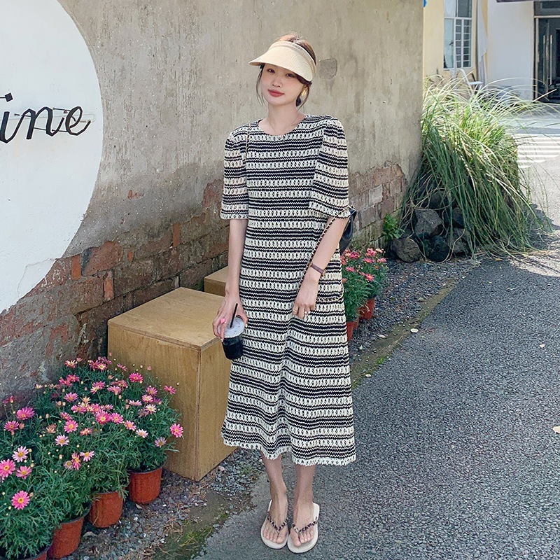 リアルカジュアルストライプワンピースレディース夏新作ビッグサイズレディースルーズシン妊娠ストレートTシャツスカート